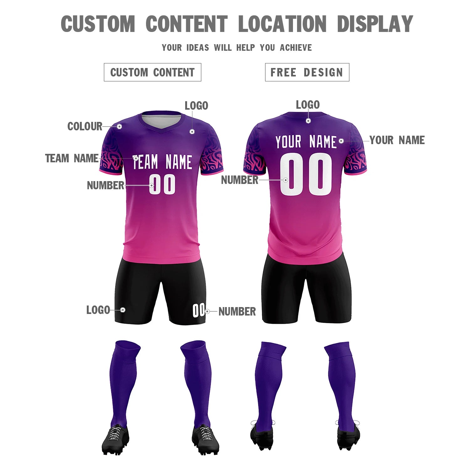 Custom Purple Pink Casual Printing Sportswear Soccer Sets Jersey