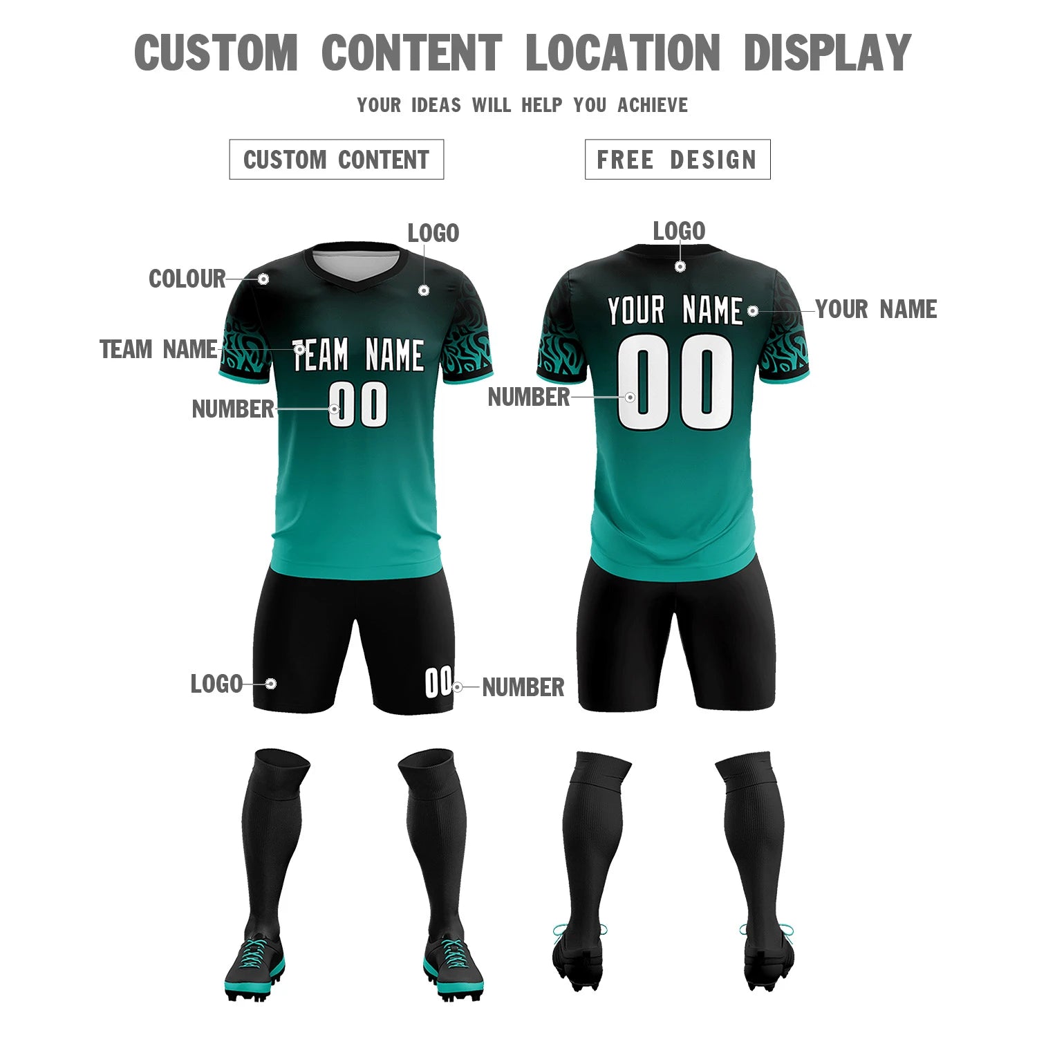 Custom Black Aqua Casual Printing Sportswear Soccer Sets Jersey