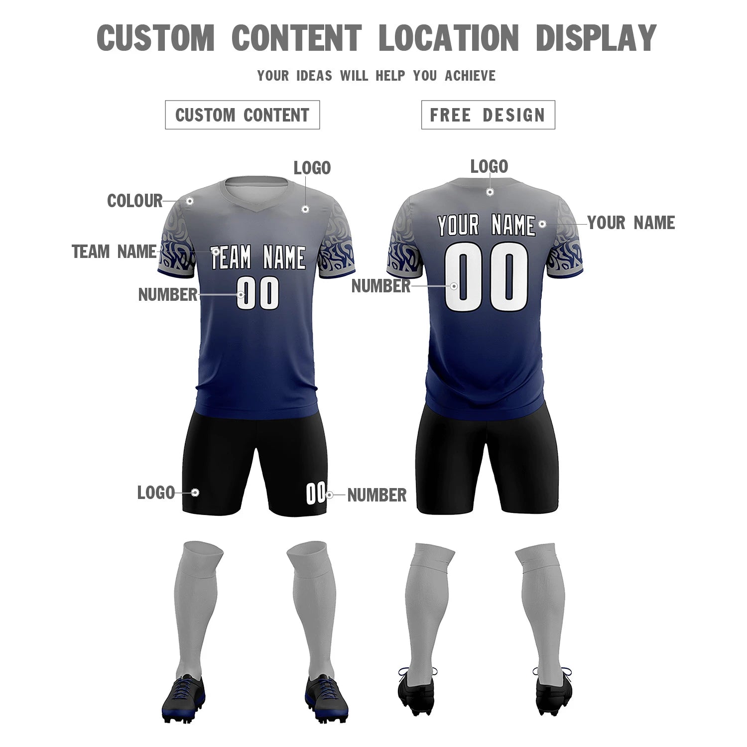 Custom Gray Navy Casual Printing Sportswear Soccer Sets Jersey