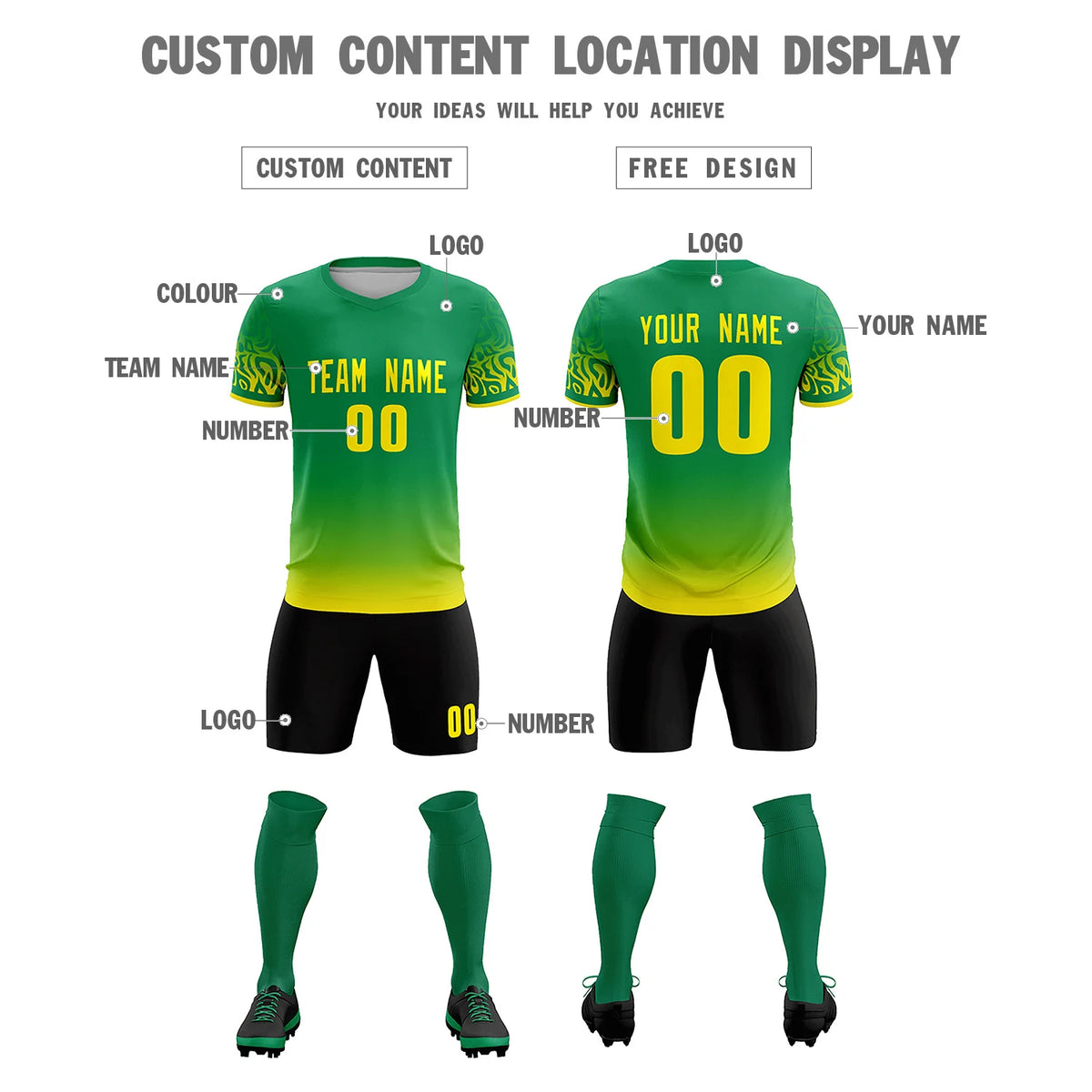 Custom Kelly Green Gold01 Casual Printing Sportswear Soccer Sets Jersey