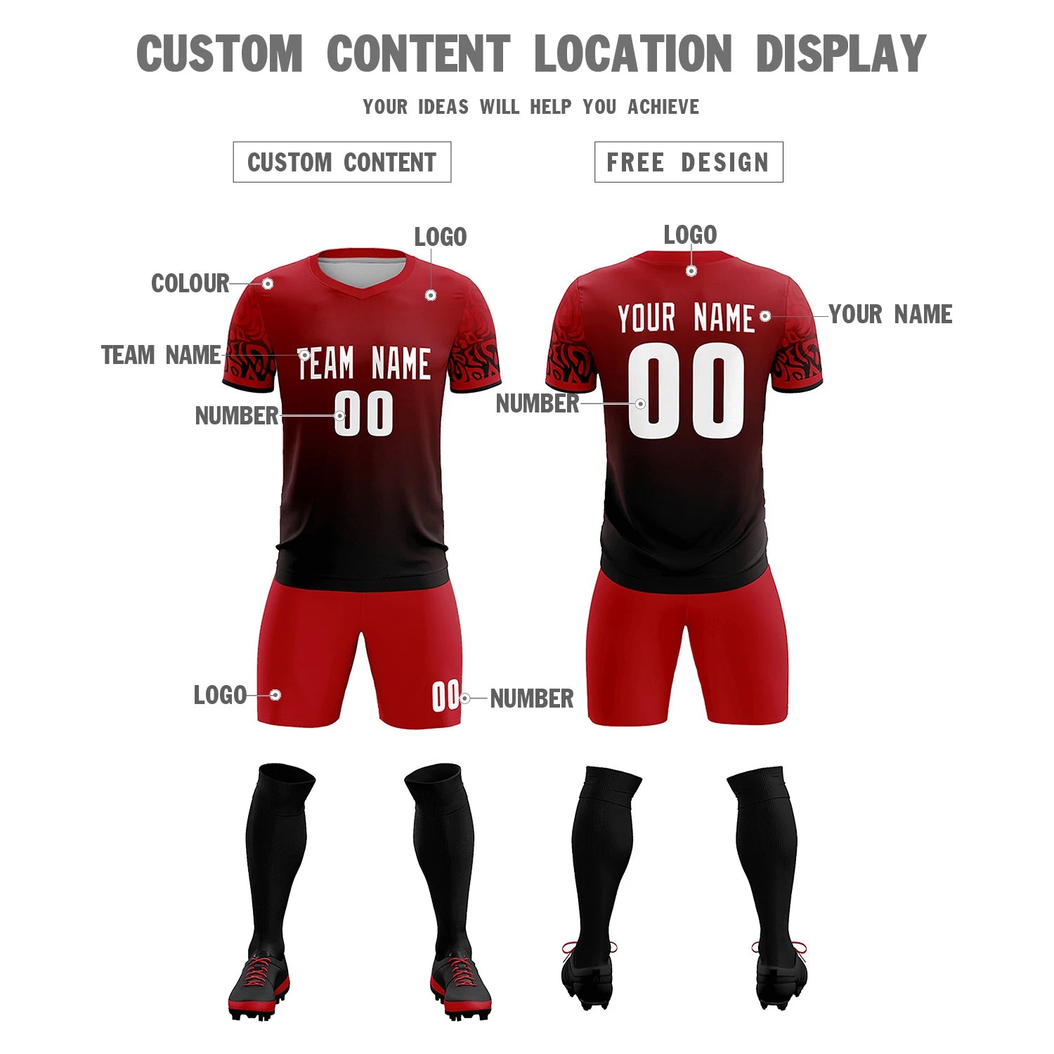 Custom Red Black Casual Printing Sportswear Soccer Sets Jersey