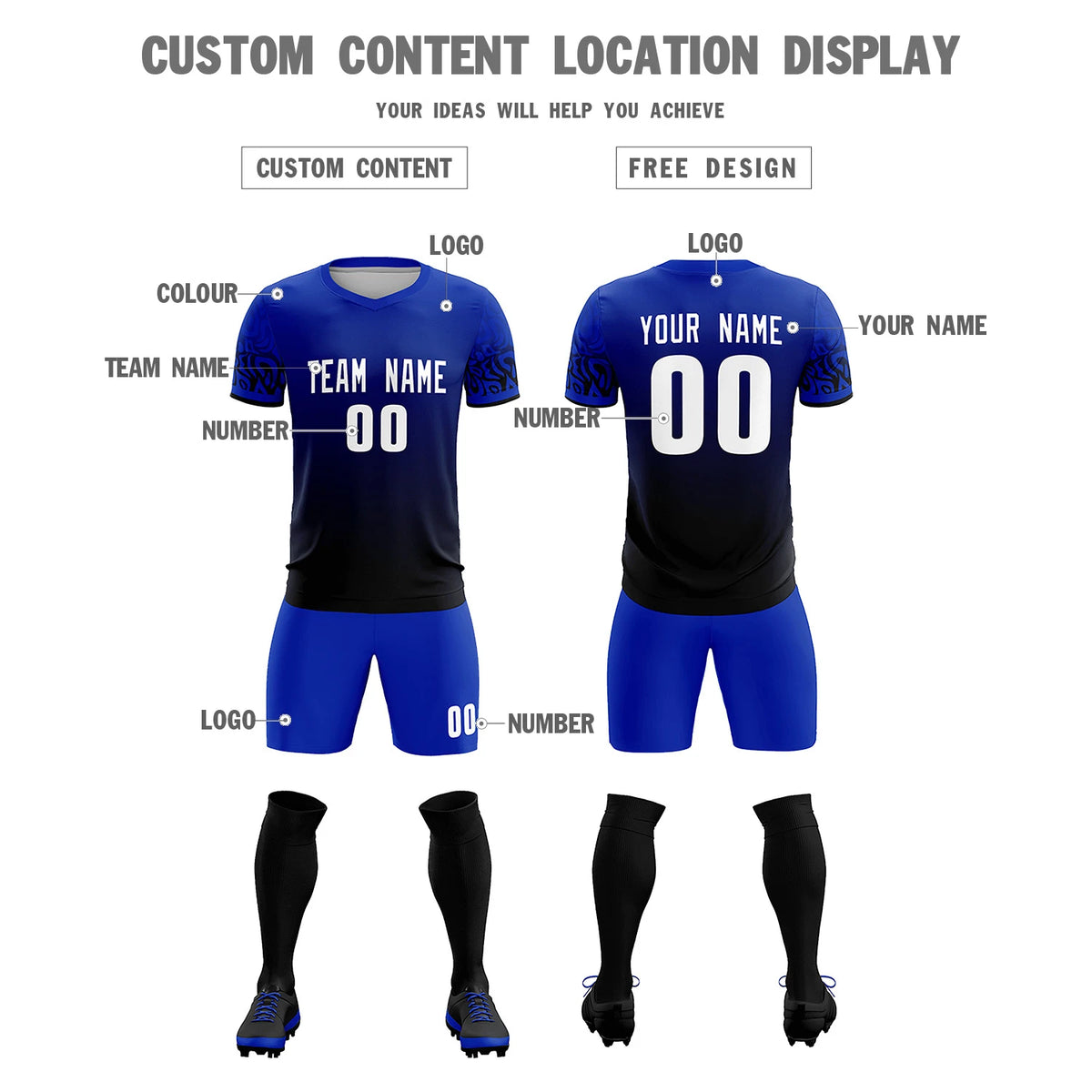 Custom Royal Blue Black Casual Printing Sportswear Soccer Sets Jersey