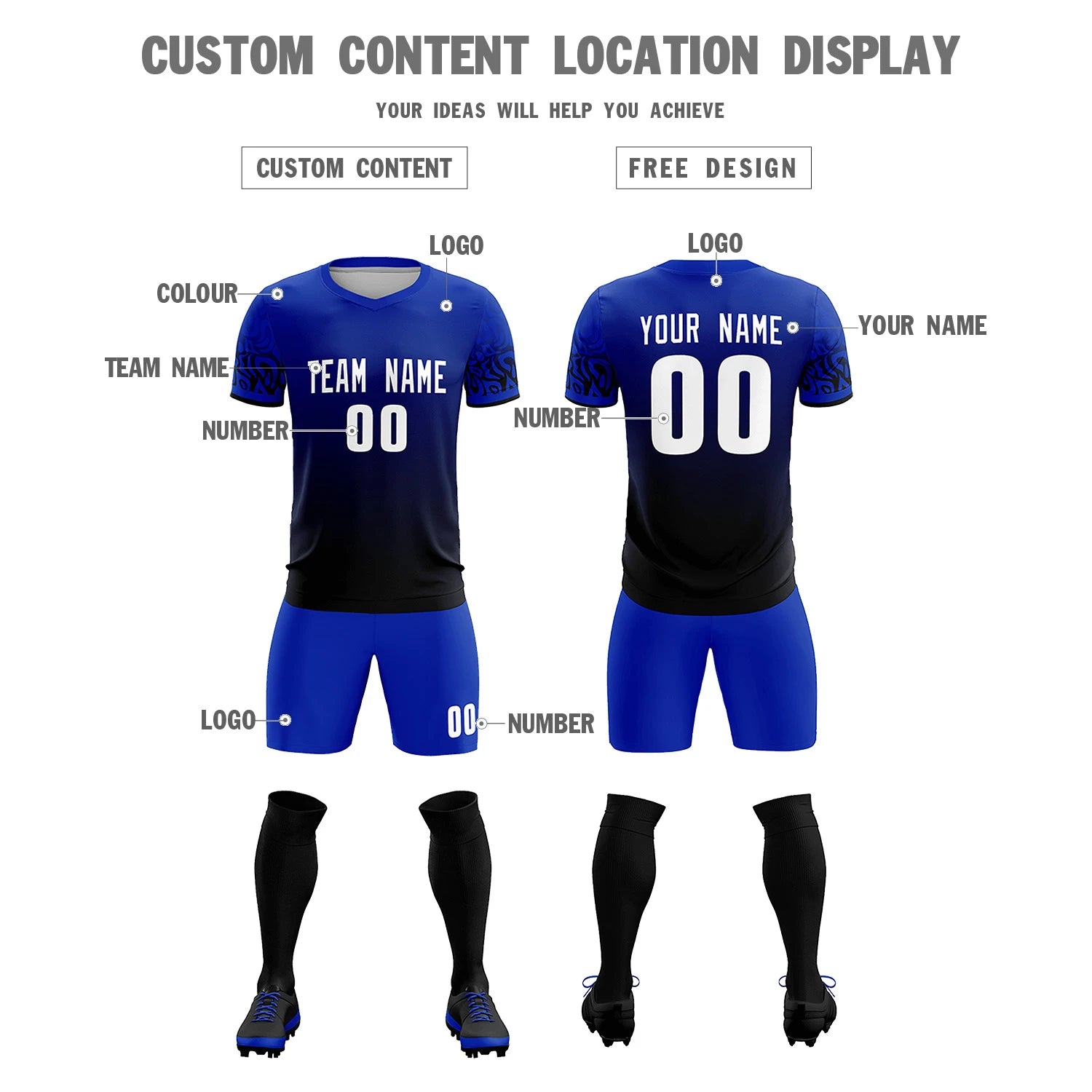 Custom Royal Blue Black Casual Printing Sportswear Soccer Sets Jersey
