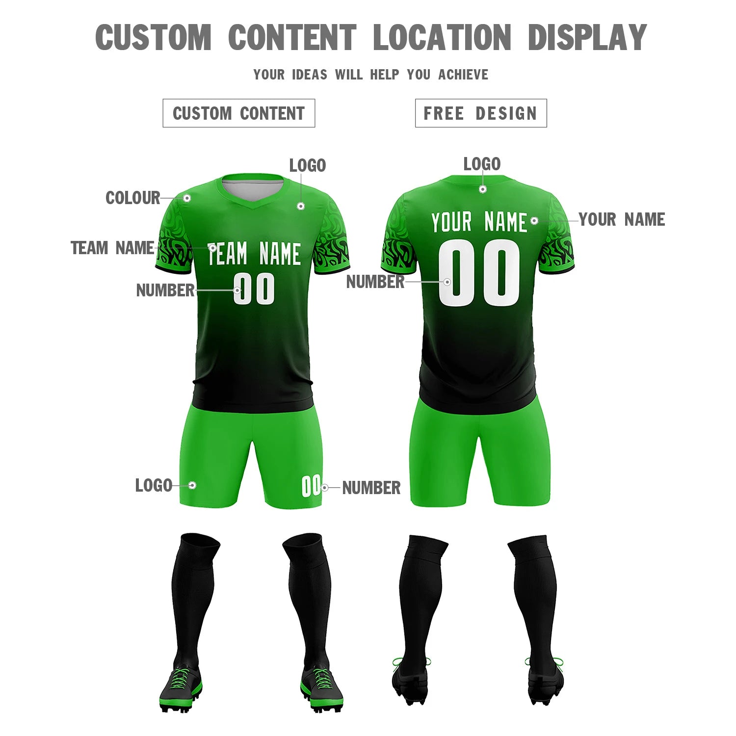 Custom Kelly Green Black Casual Printing Sportswear Soccer Sets Jersey