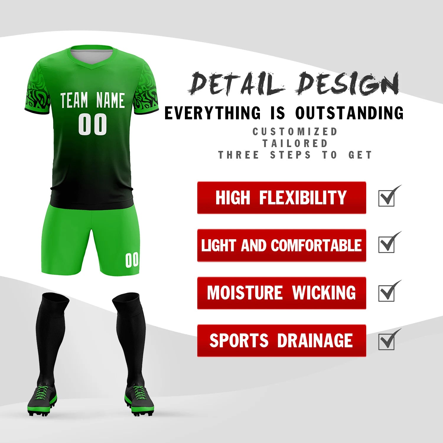 Custom Kelly Green Black Casual Printing Sportswear Soccer Sets Jersey