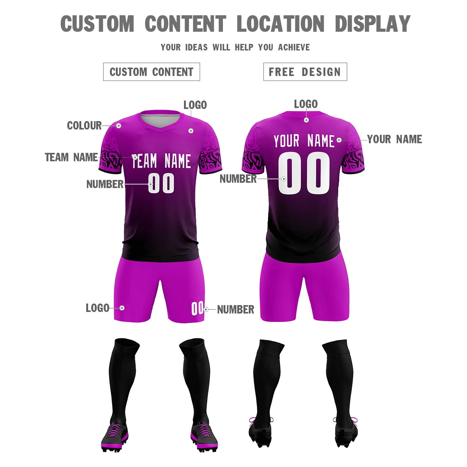 Custom Pink Black Casual Printing Sportswear Soccer Sets Jersey
