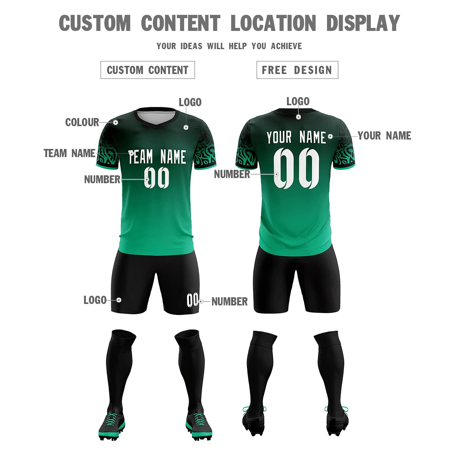 Custom Green Kelly Green Casual Printing Sportswear Soccer Sets Jersey