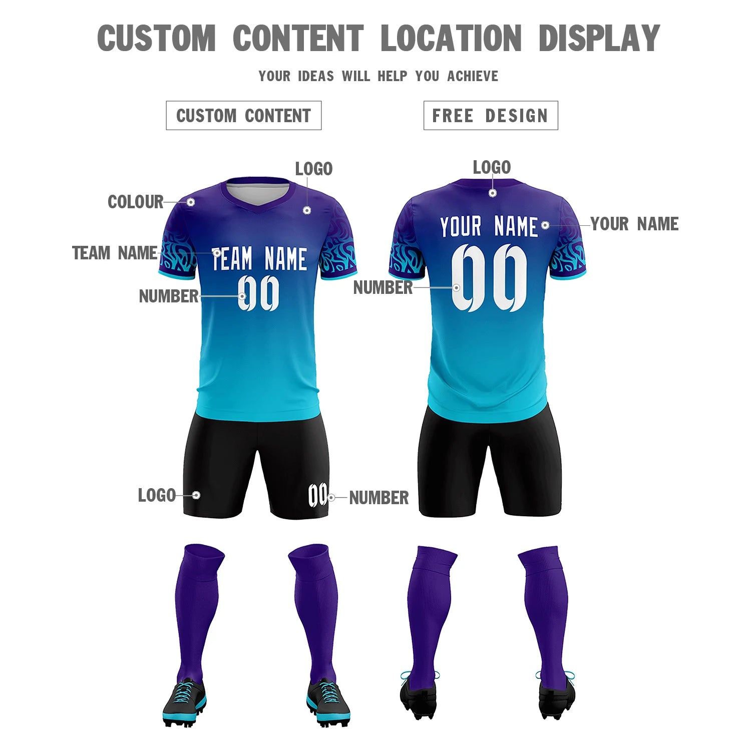 Custom Purple Powder Blue Casual Printing Sportswear Soccer Sets Jersey