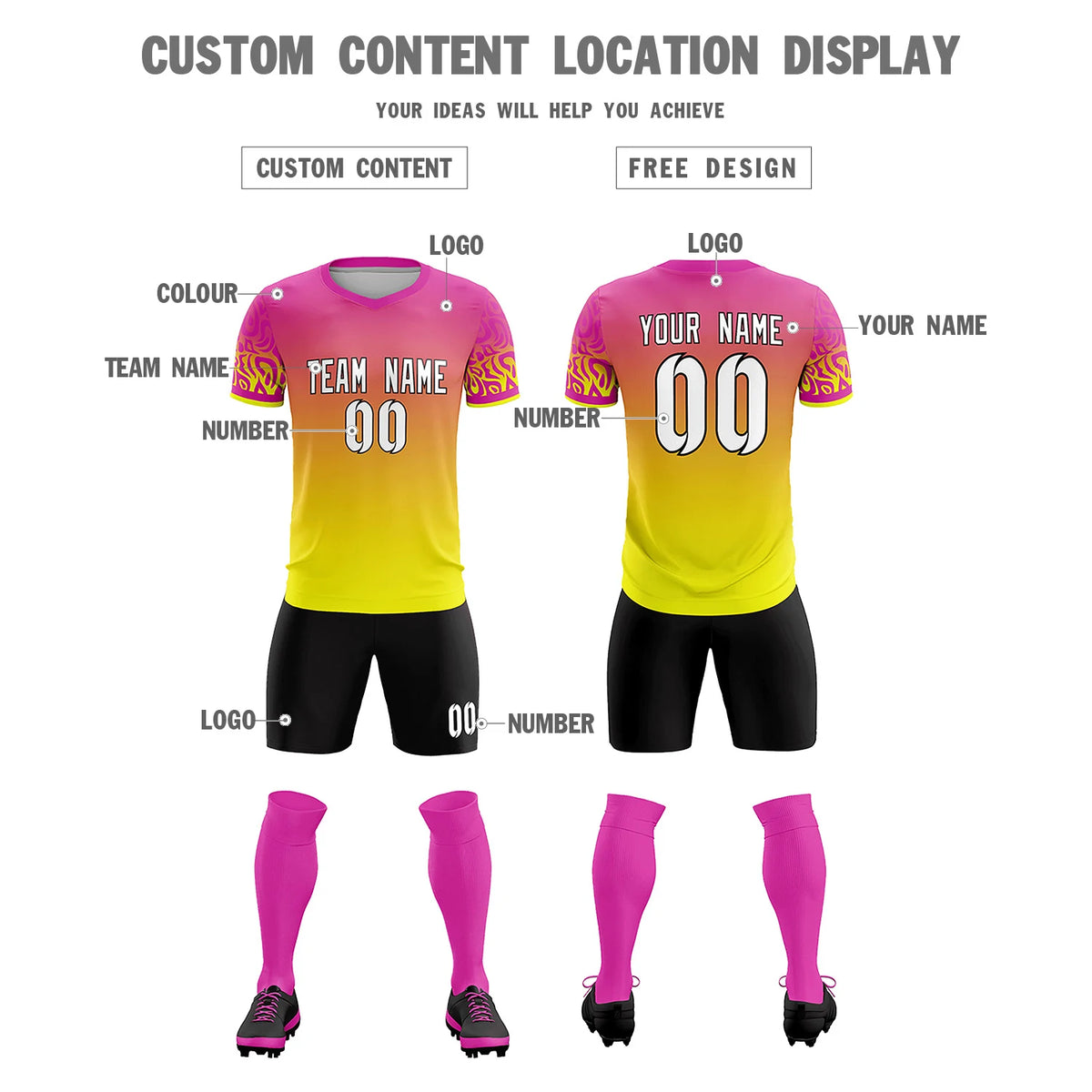 Custom Pink Fluorescent Green Casual Printing Sportswear Soccer Sets Jersey