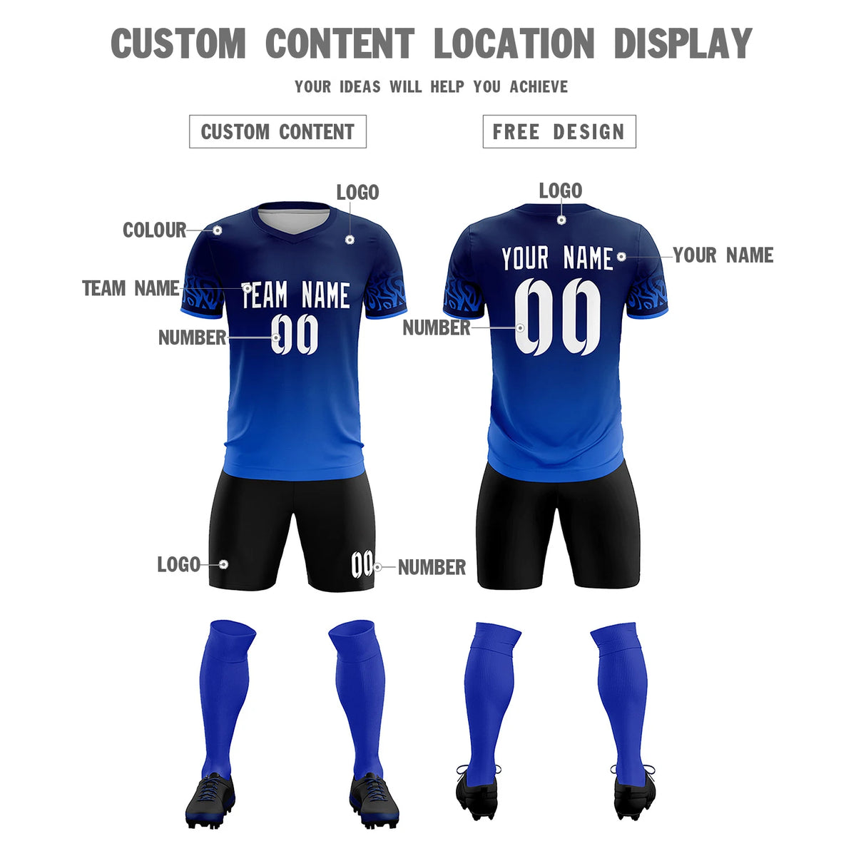 Custom Navy Royal Blue Casual Printing Sportswear Soccer Sets Jersey
