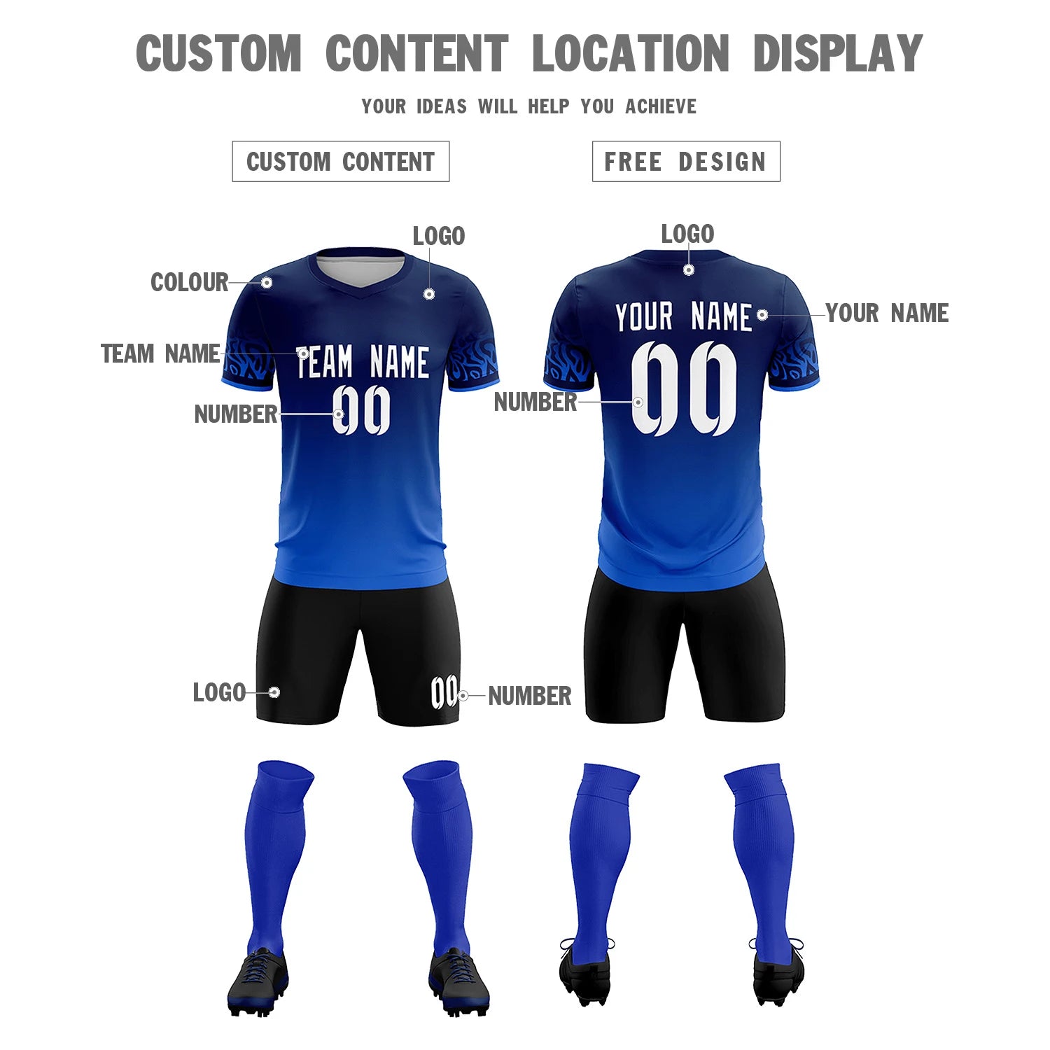 Custom Navy Royal Blue Casual Printing Sportswear Soccer Sets Jersey