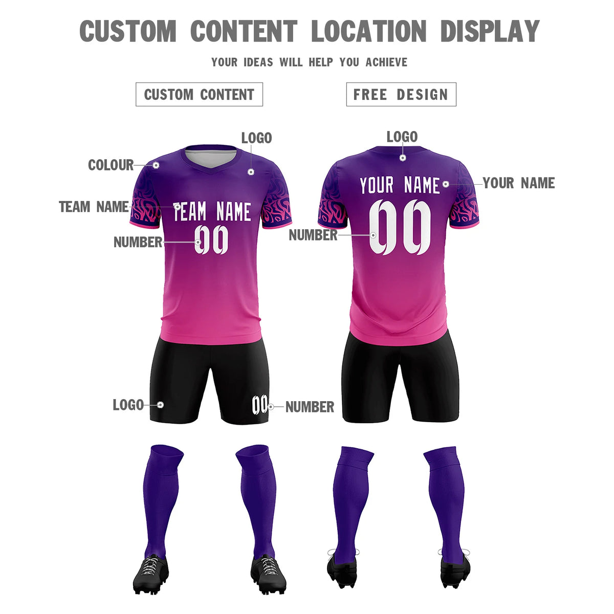 Custom Purple Pink Casual Printing Sportswear Soccer Sets Jersey