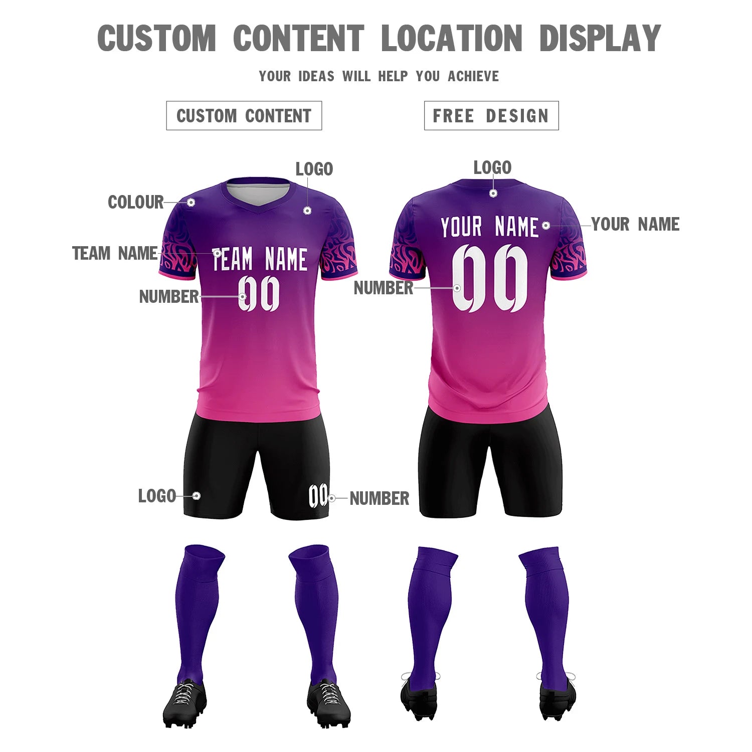 Custom Purple Pink Casual Printing Sportswear Soccer Sets Jersey