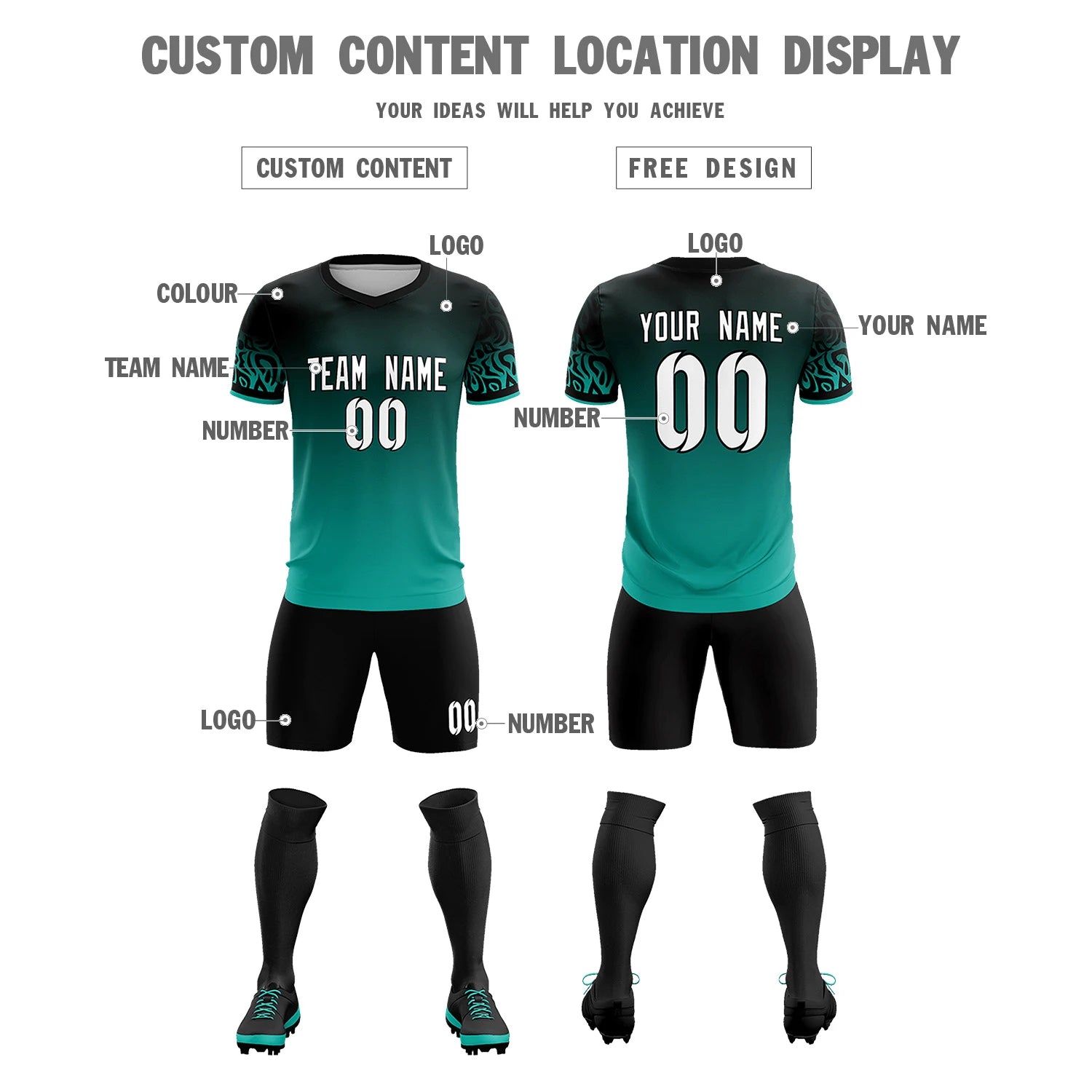 Custom Black Aqua Casual Printing Sportswear Soccer Sets Jersey