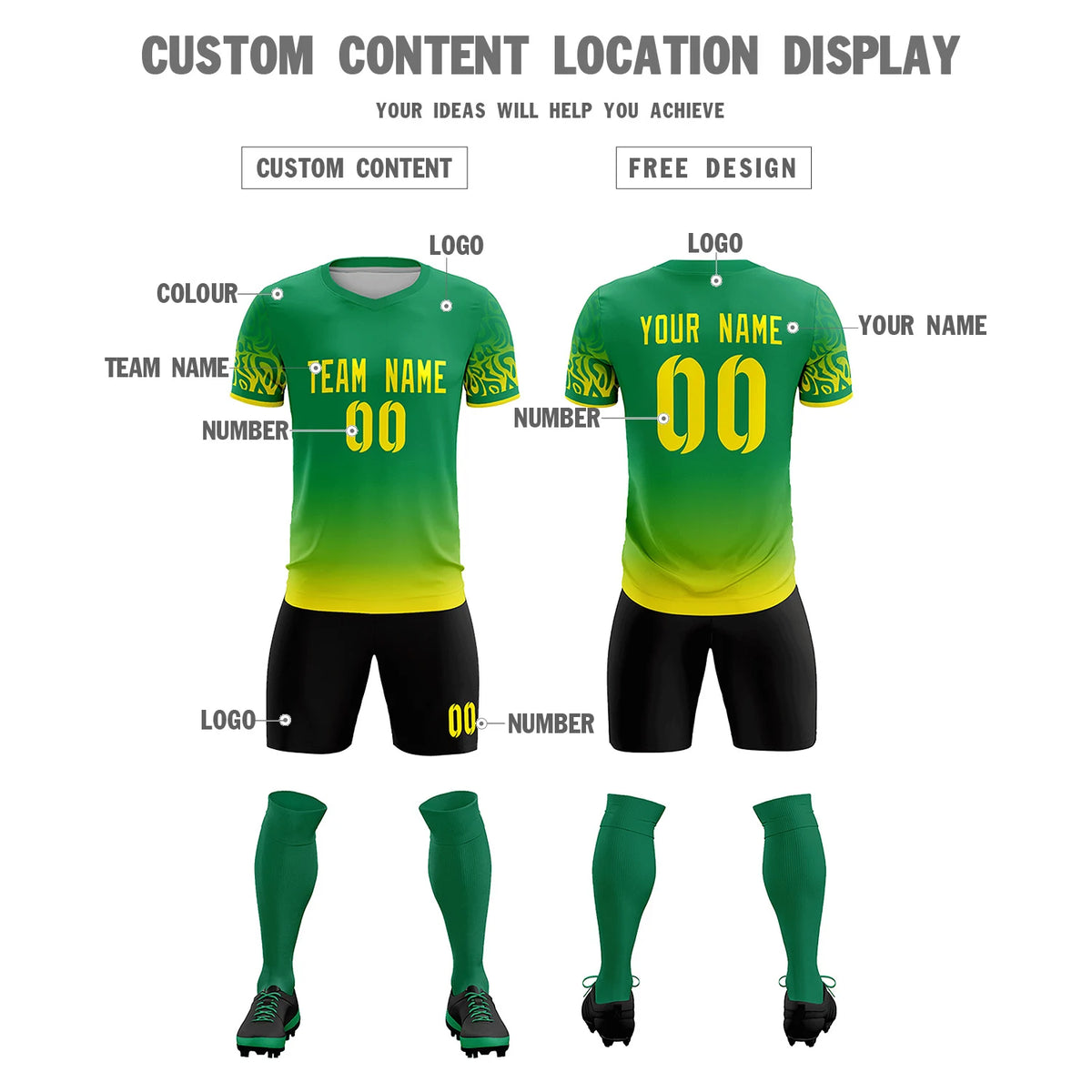 Custom Kelly Green Gold01 Casual Printing Sportswear Soccer Sets Jersey