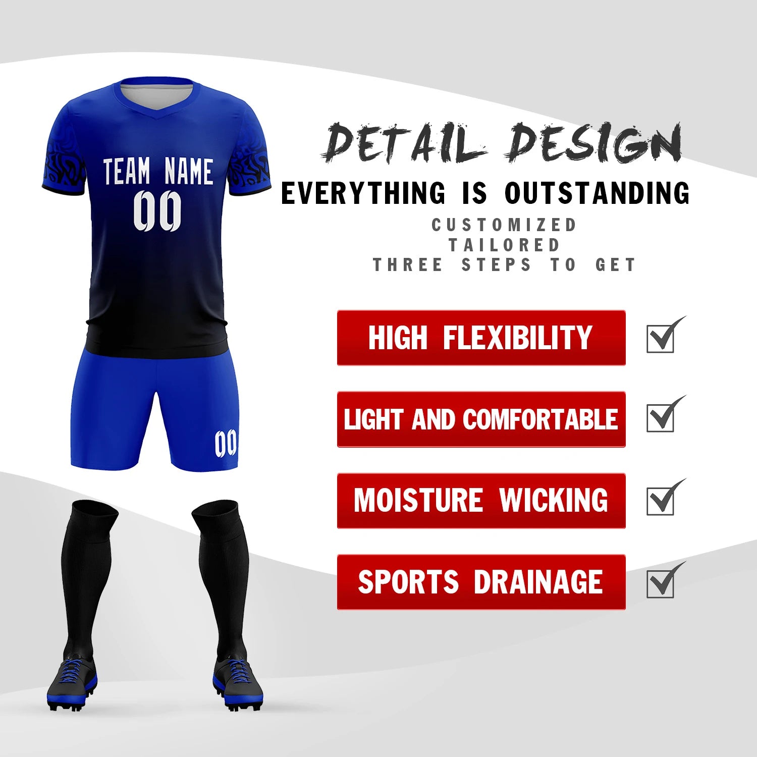 Custom Royal Blue Black Casual Printing Sportswear Soccer Sets Jersey