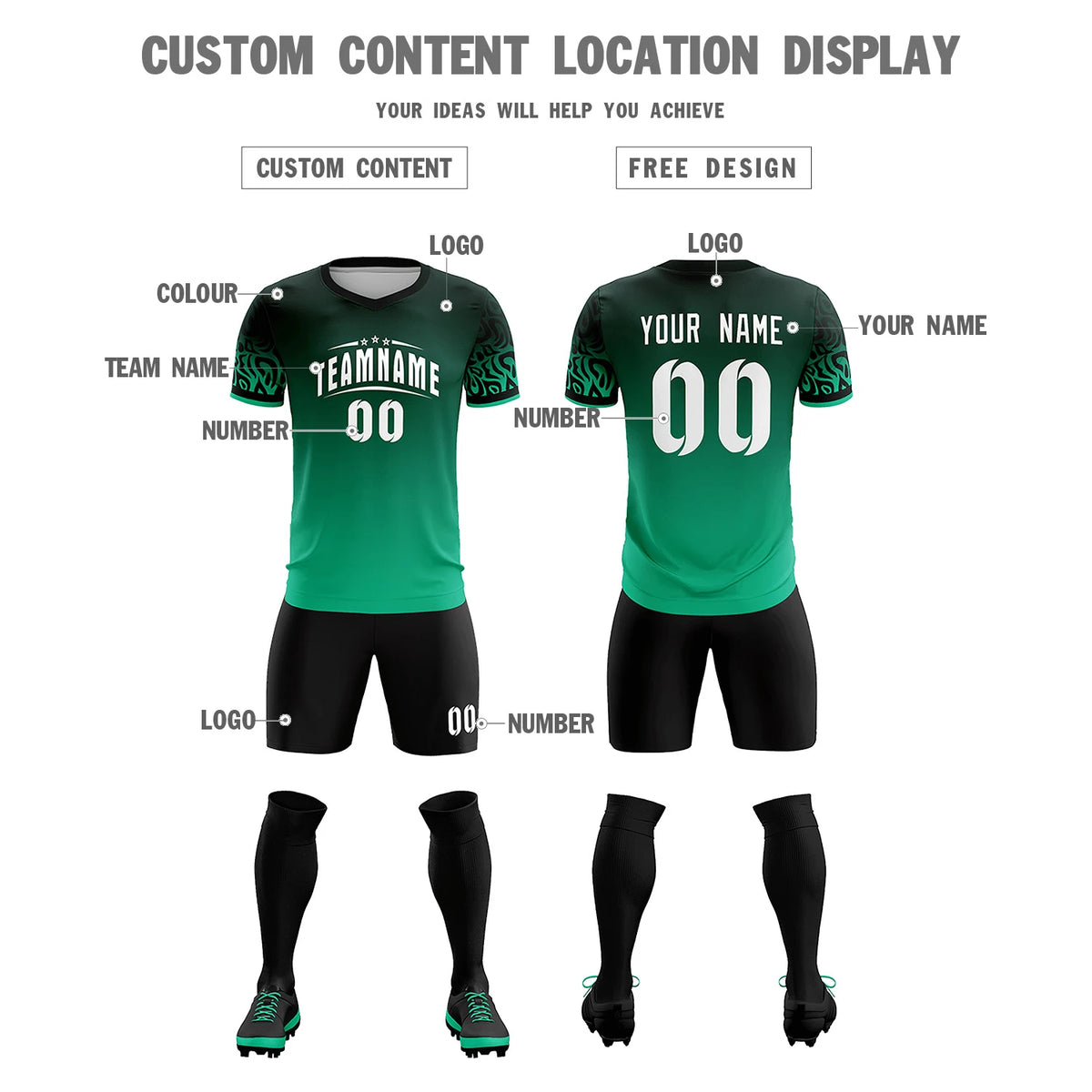 Custom Green Kelly Green Casual Printing Sportswear Soccer Sets Jersey