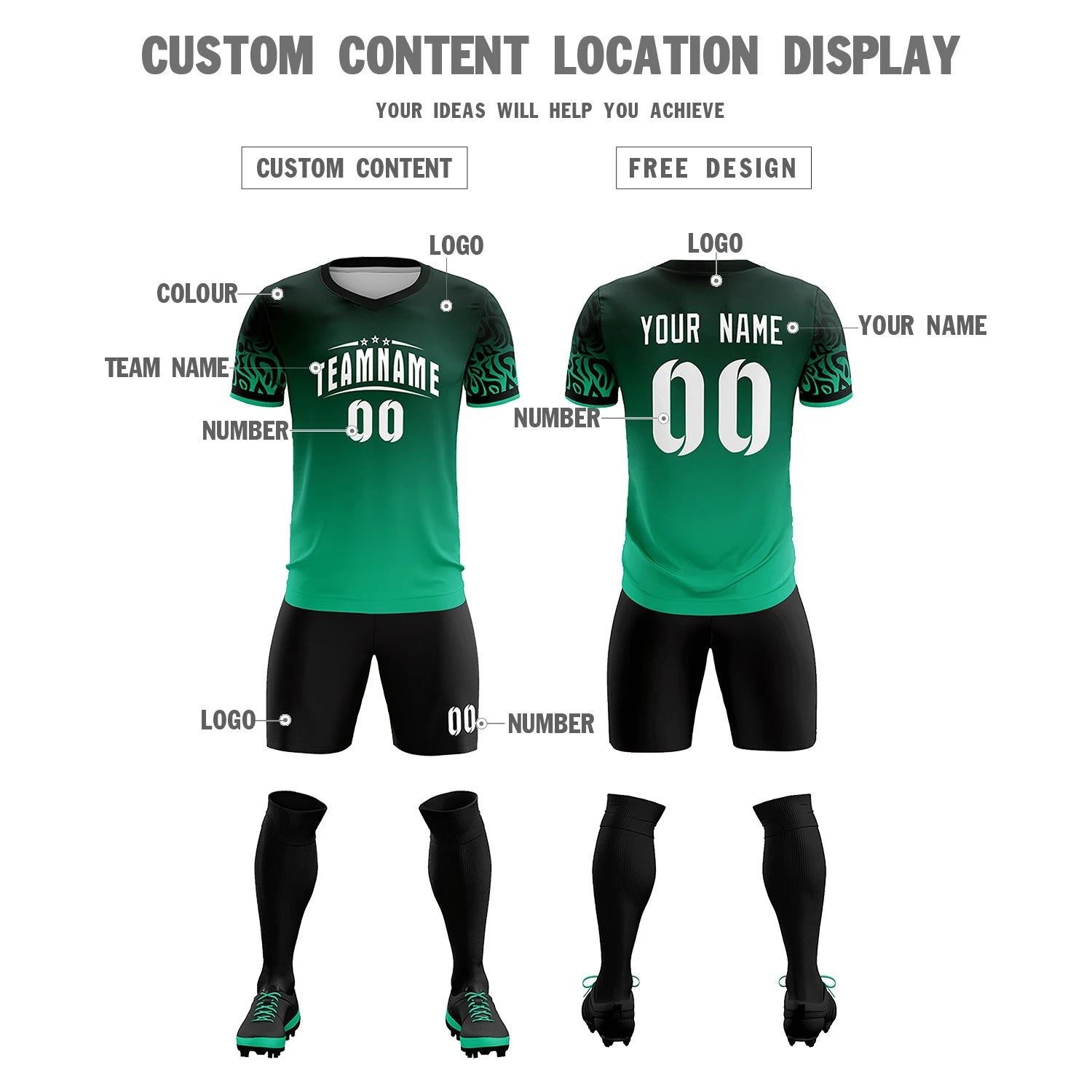 Custom Green Kelly Green Casual Printing Sportswear Soccer Sets Jersey