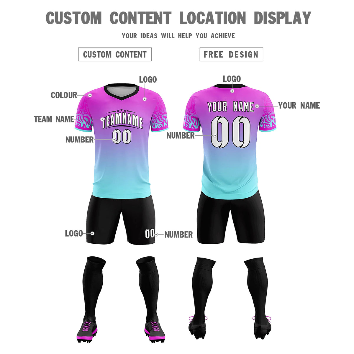 Custom Pink Blue Casual Printing Sportswear Soccer Sets Jersey