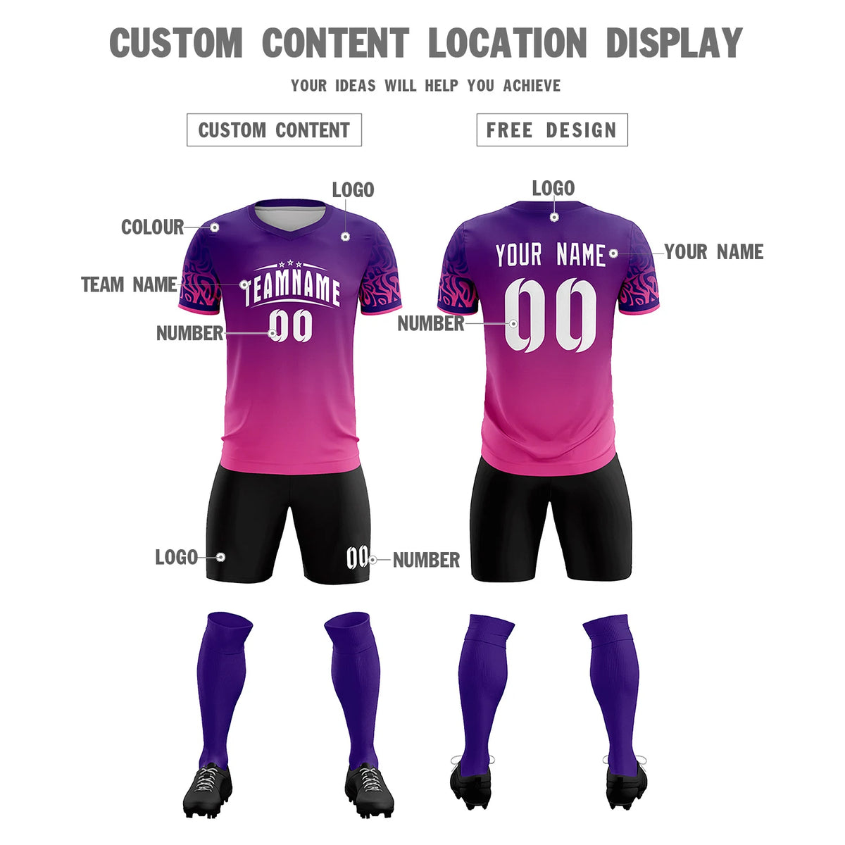 Custom Purple Pink Casual Printing Sportswear Soccer Sets Jersey