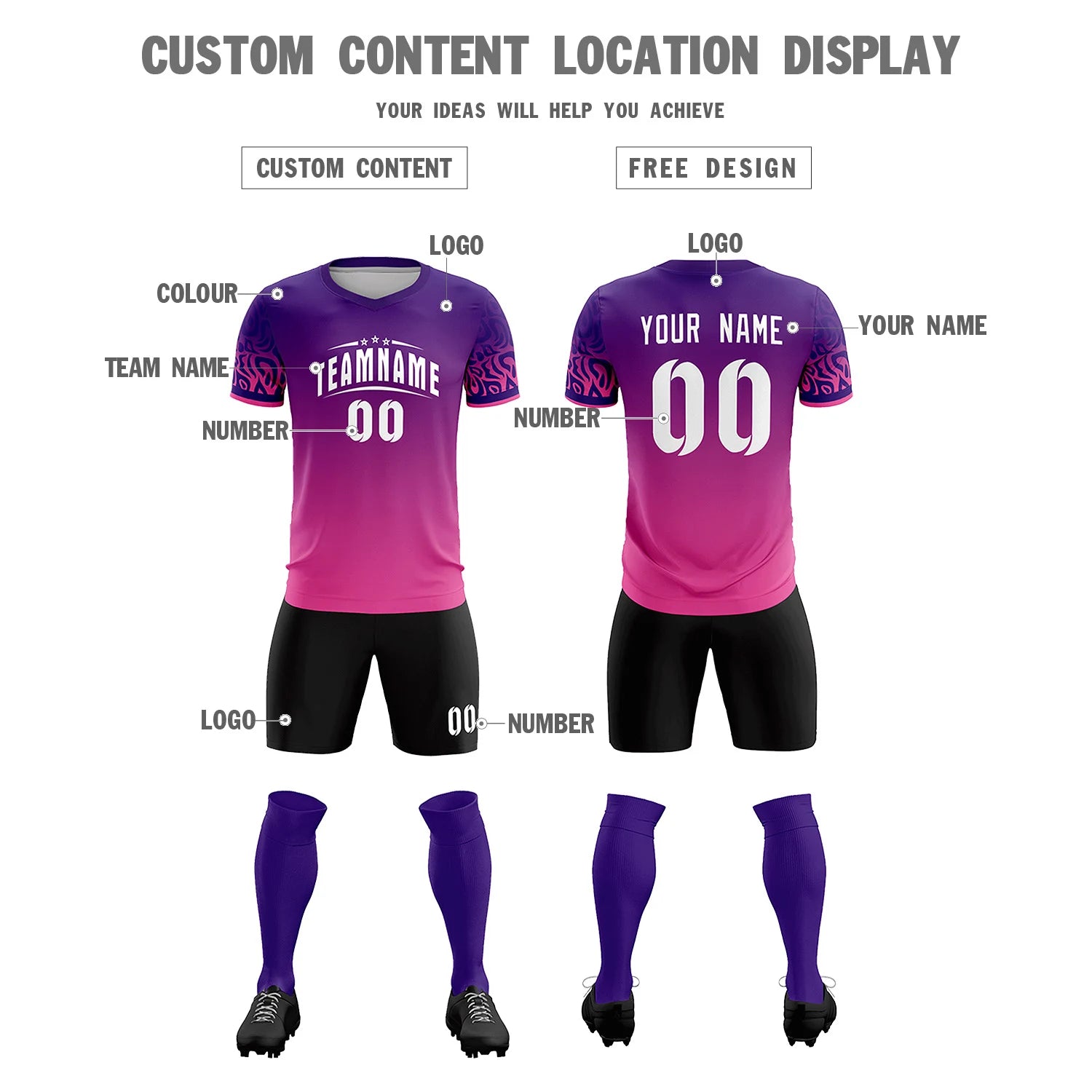 Custom Purple Pink Casual Printing Sportswear Soccer Sets Jersey