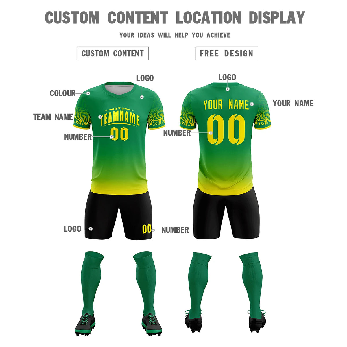 Custom Kelly Green Gold01 Casual Printing Sportswear Soccer Sets Jersey