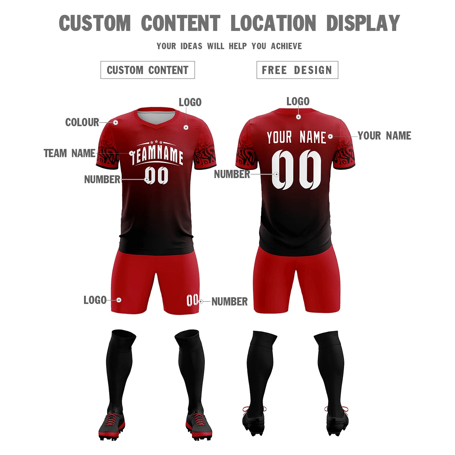 Custom Red Black Casual Printing Sportswear Soccer Sets Jersey