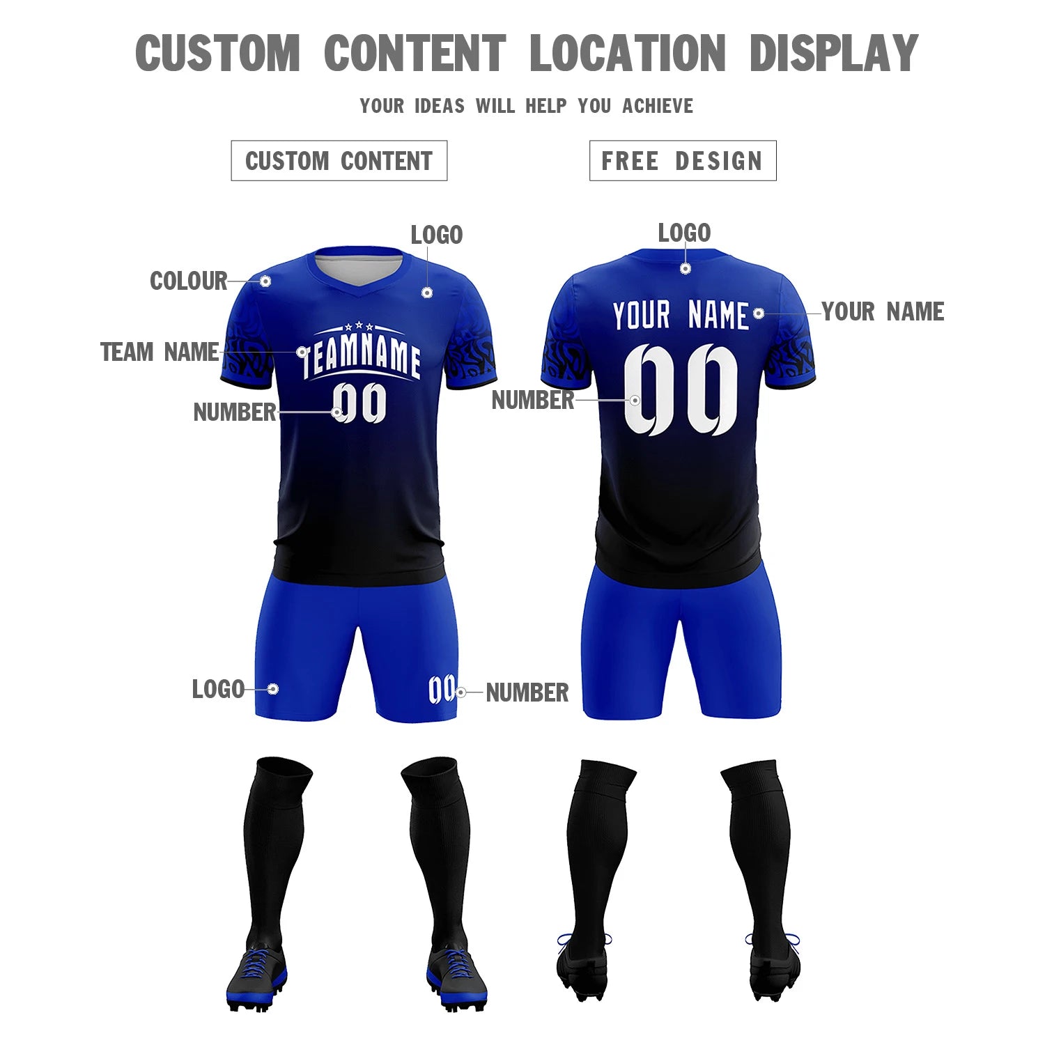 Custom Royal Blue Black Casual Printing Sportswear Soccer Sets Jersey