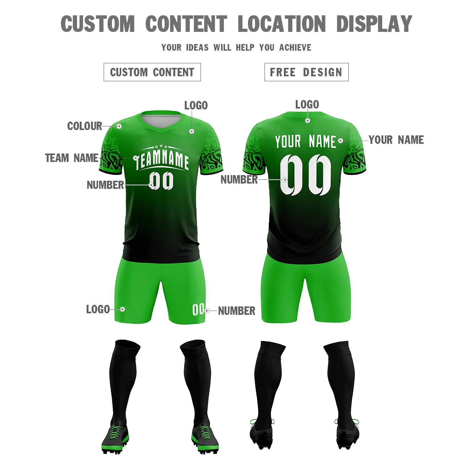 Custom Kelly Green Black Casual Printing Sportswear Soccer Sets Jersey