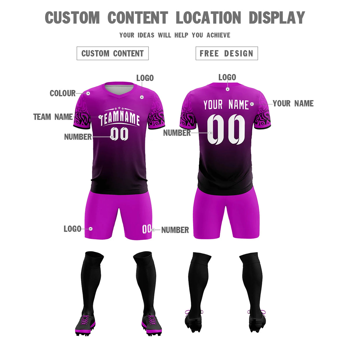 Custom Pink Black Casual Printing Sportswear Soccer Sets Jersey
