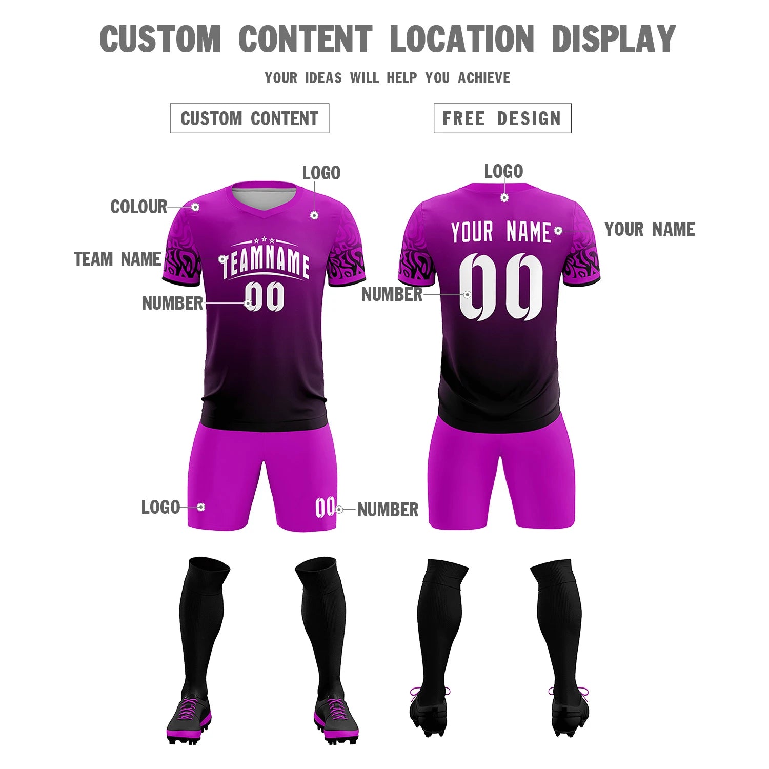 Custom Pink Black Casual Printing Sportswear Soccer Sets Jersey