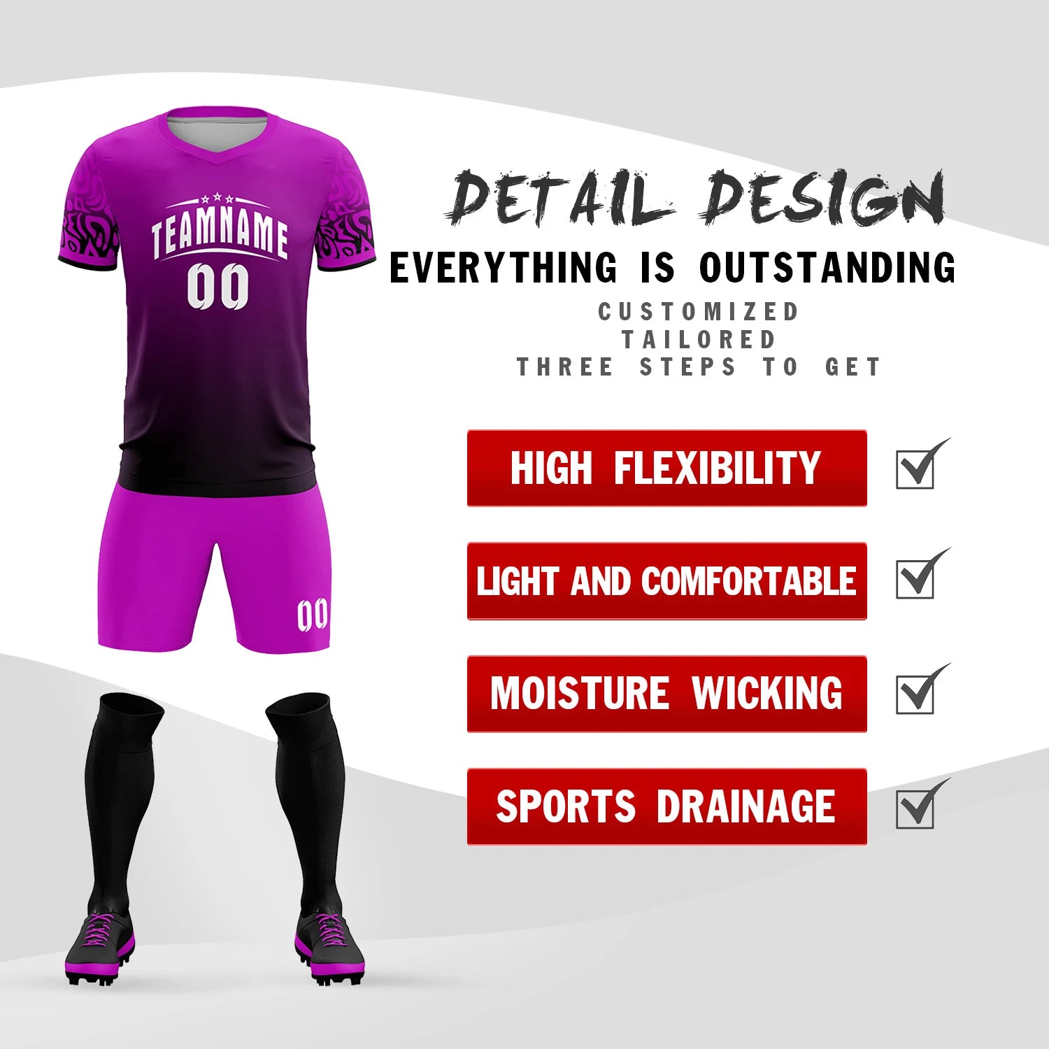 Custom Pink Black Casual Printing Sportswear Soccer Sets Jersey