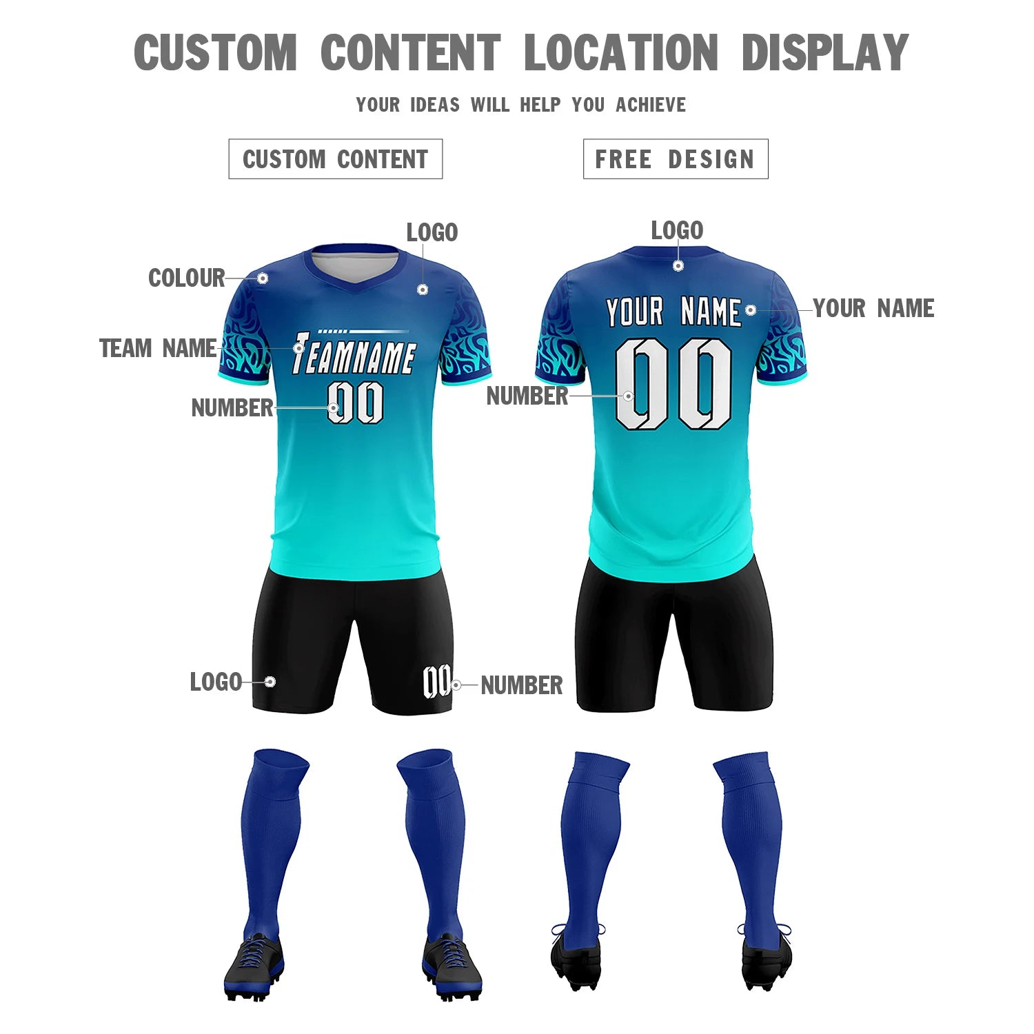 Custom Royal Blue Sky Blue Casual Printing Sportswear Soccer Sets Jersey