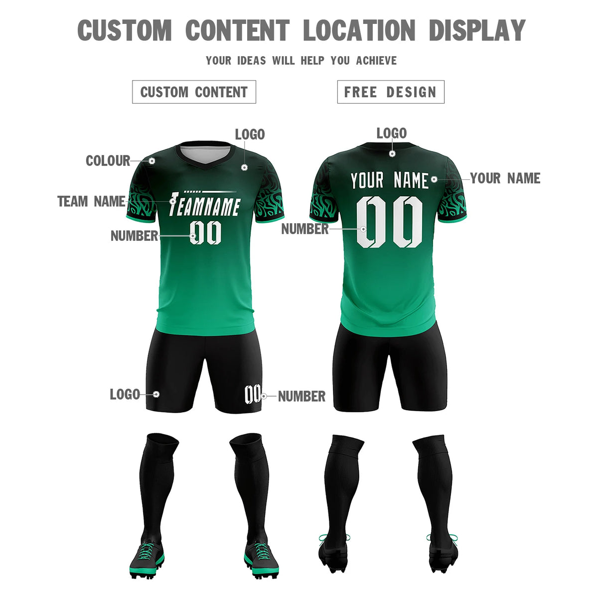 Custom Green Kelly Green Casual Printing Sportswear Soccer Sets Jersey