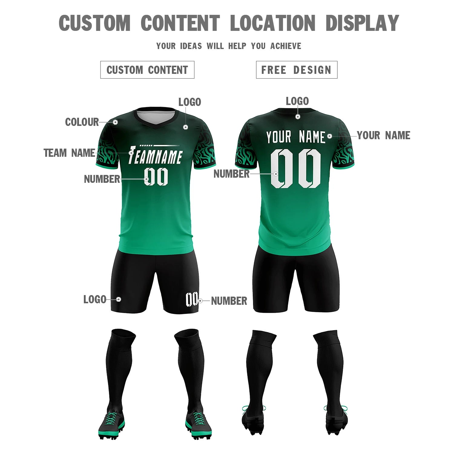 Custom Green Kelly Green Casual Printing Sportswear Soccer Sets Jersey