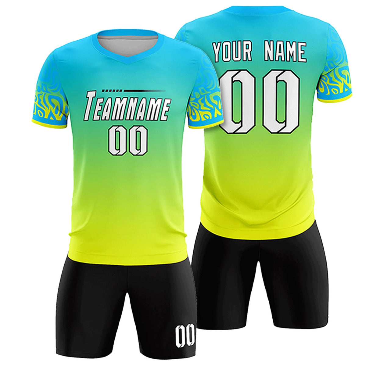Custom Sky Blue Fluorescent Green Casual Printing Sportswear Soccer Sets Jersey