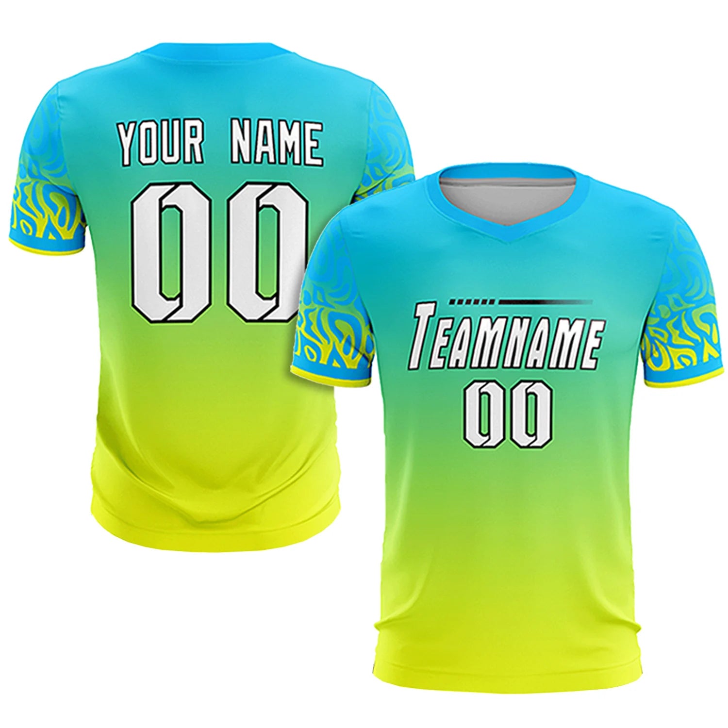 Custom Sky Blue Fluorescent Green Casual Printing Sportswear Soccer Sets Jersey
