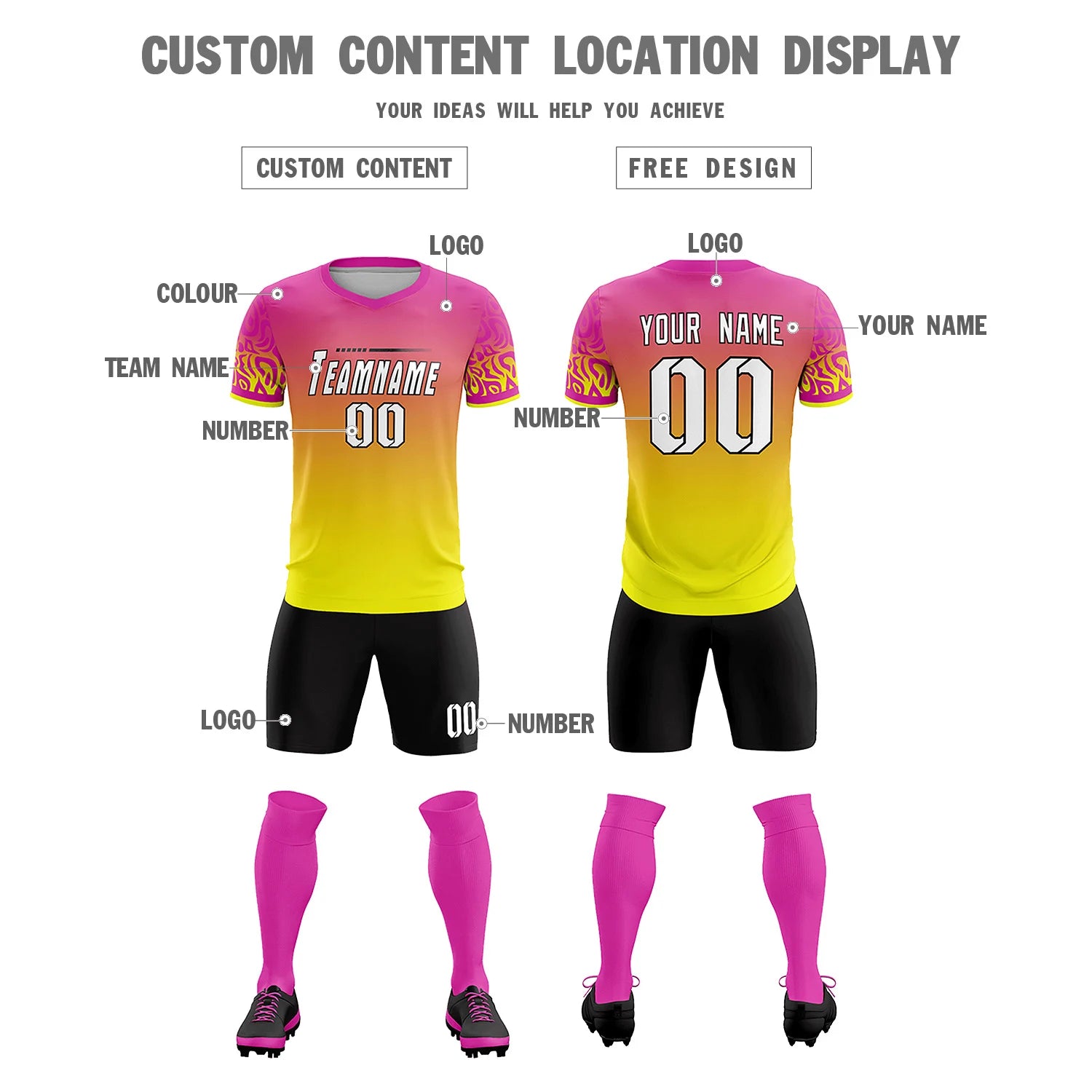 Custom Pink Fluorescent Green Casual Printing Sportswear Soccer Sets Jersey