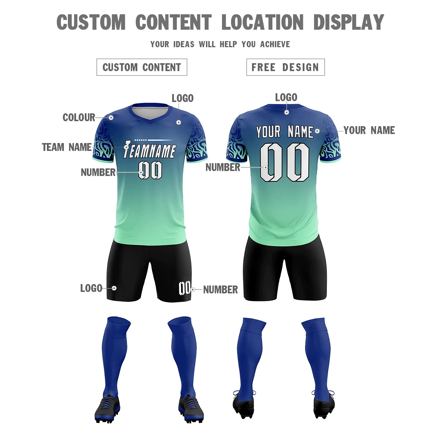 Custom Royal Blue Green Casual Printing Sportswear Soccer Sets Jersey