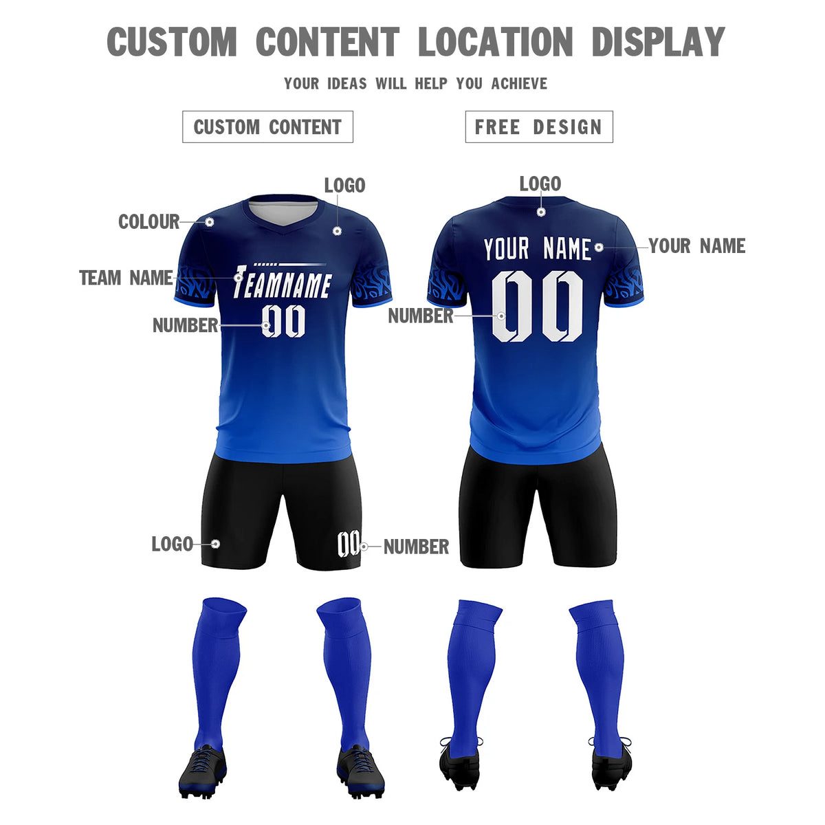 Custom Navy Royal Blue Casual Printing Sportswear Soccer Sets Jersey