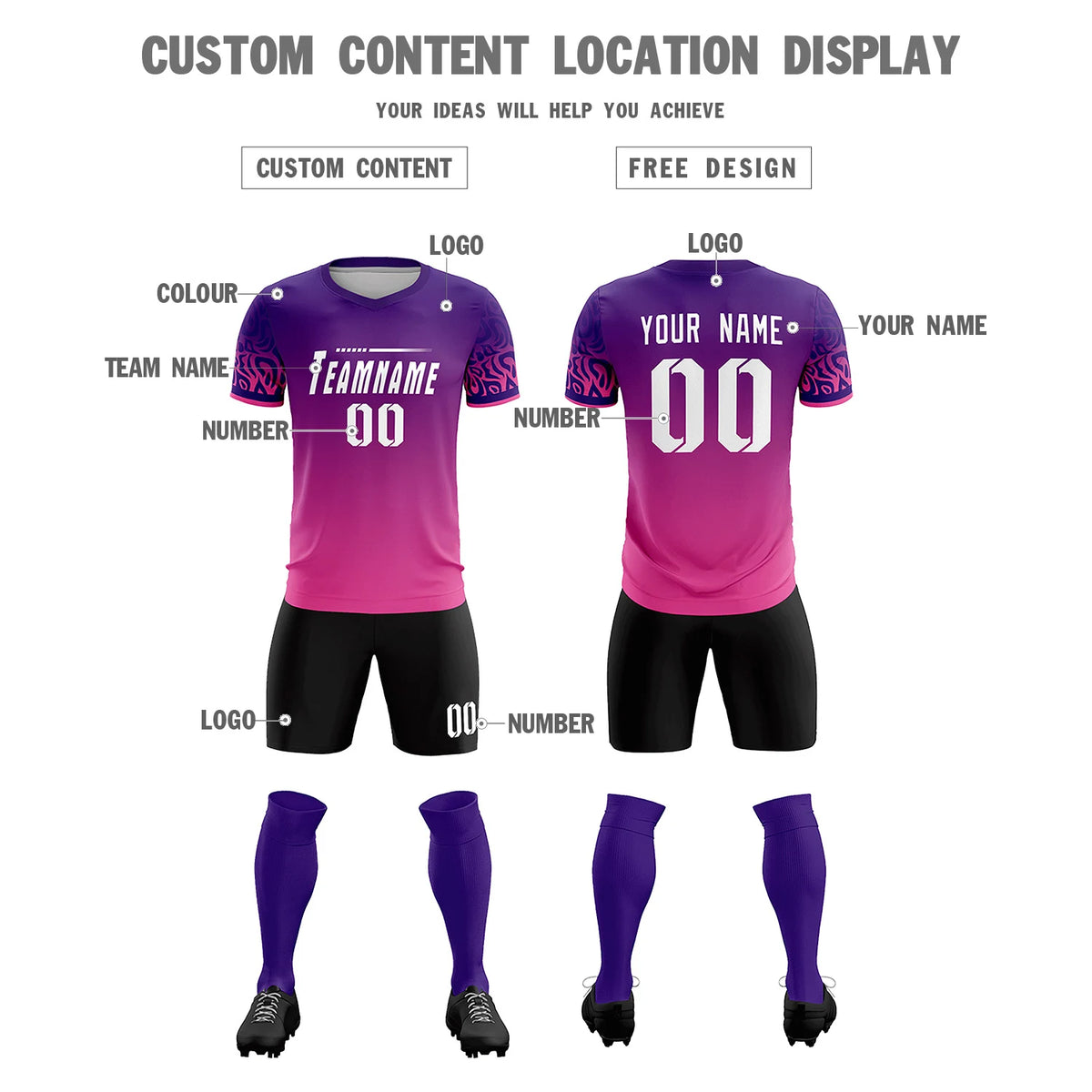 Custom Purple Pink Casual Printing Sportswear Soccer Sets Jersey