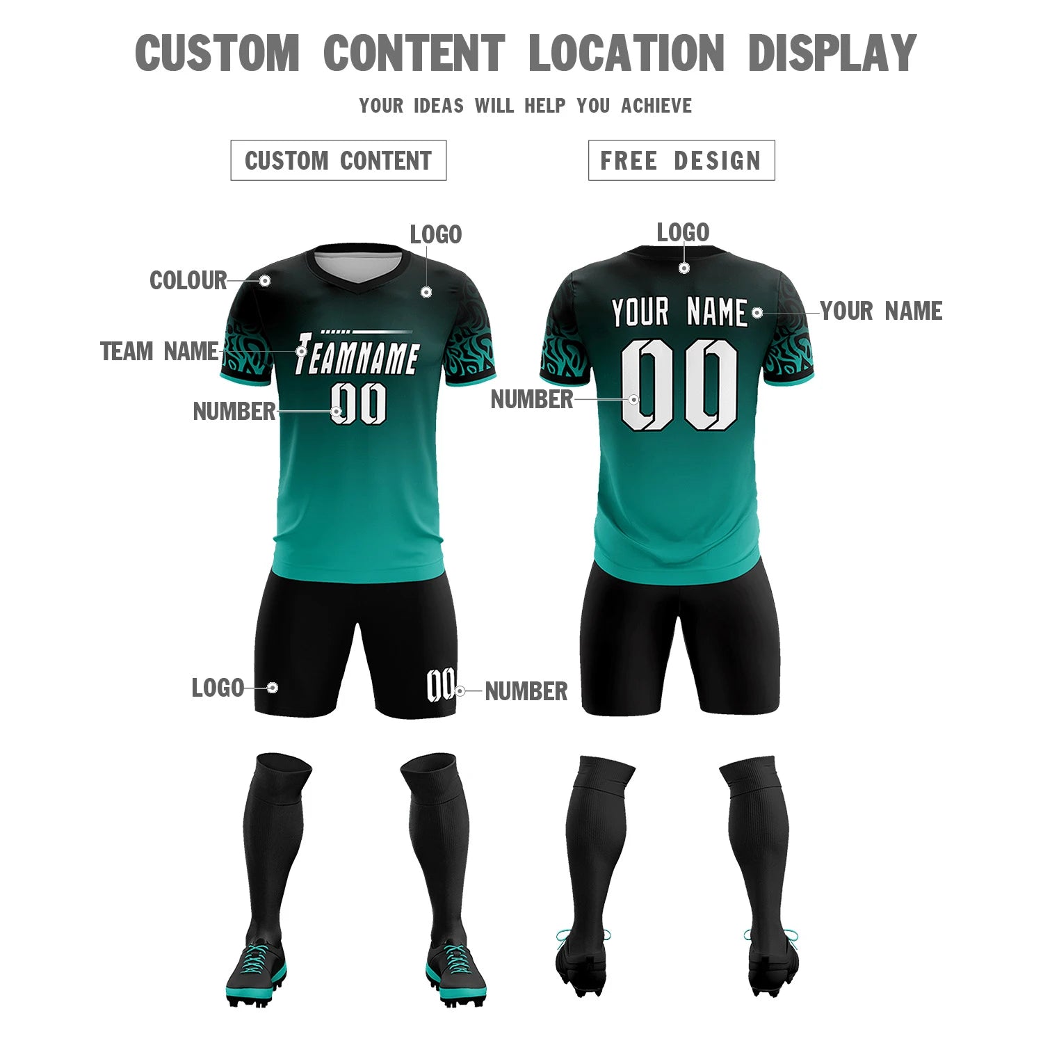 Custom Black Aqua Casual Printing Sportswear Soccer Sets Jersey