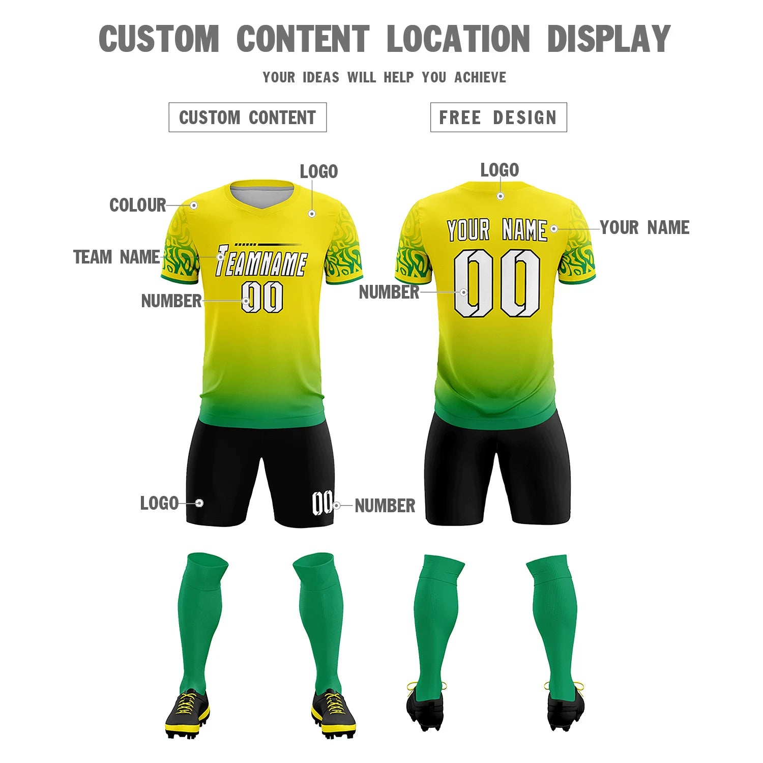 Custom Gold01 Kelly Green Casual Printing Sportswear Soccer Sets Jersey