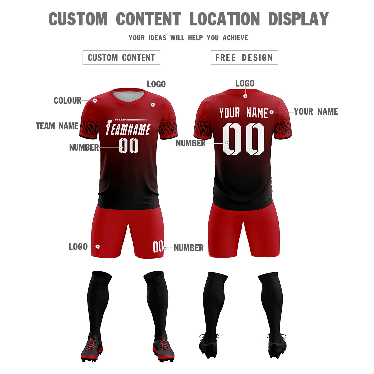Custom Red Black Casual Printing Sportswear Soccer Sets Jersey