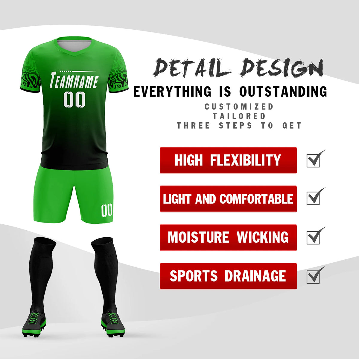 Custom Kelly Green Black Casual Printing Sportswear Soccer Sets Jersey