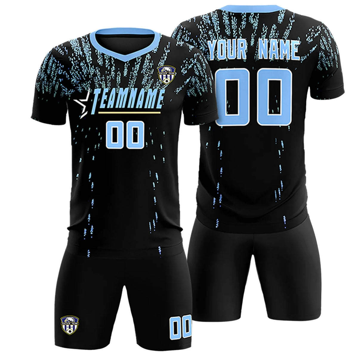 Custom Black Light Blue Fireworks gradient Sport Soccer Sets Jersey