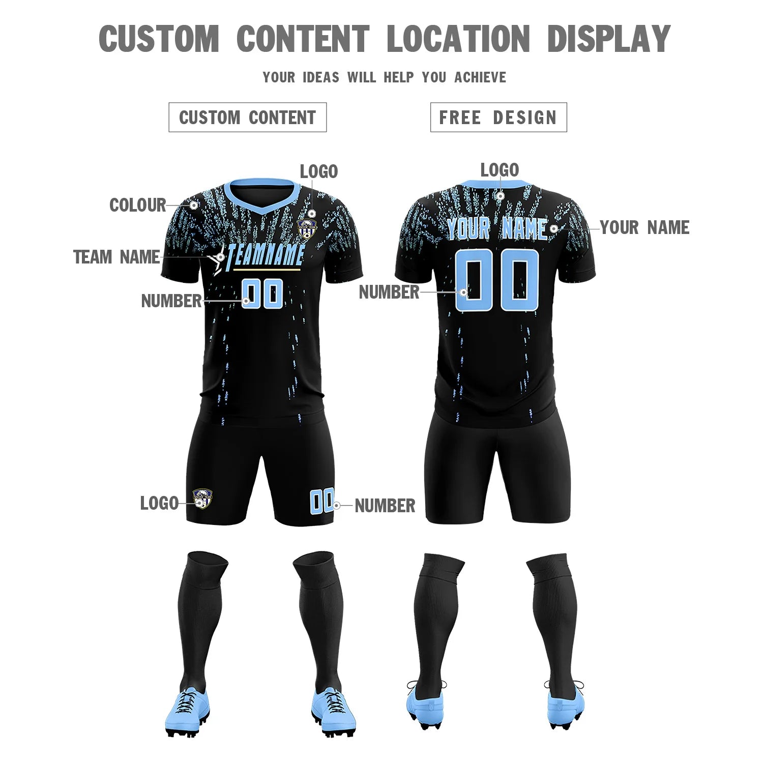 Custom Black Light Blue Fireworks gradient Sport Soccer Sets Jersey