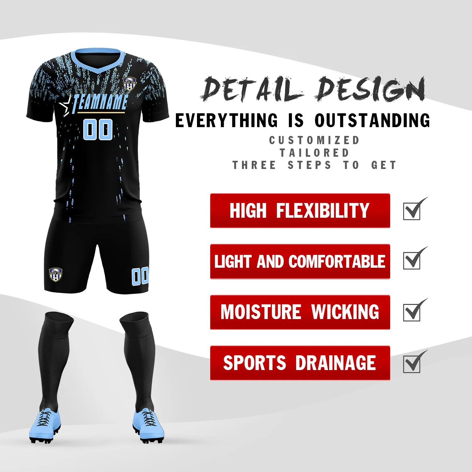 Custom Black Light Blue Fireworks gradient Sport Soccer Sets Jersey