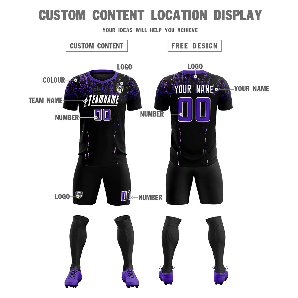 Custom Black Purple Fireworks gradient Sport Soccer Sets Jersey