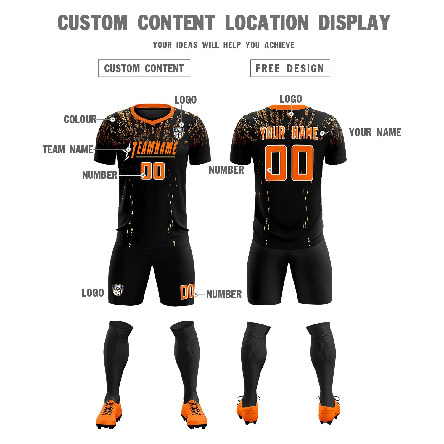 Custom Black Orange Fireworks gradient Sport Soccer Sets Jersey